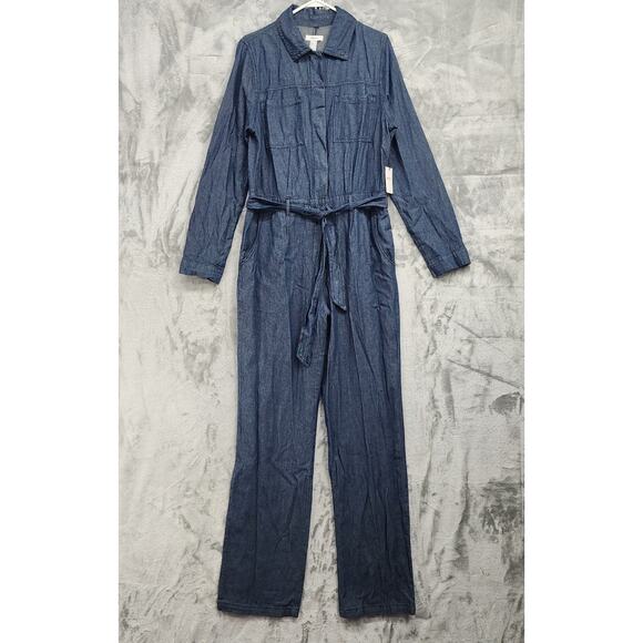 NEW Forever 21 Coverall Jumpsuit Womens M Blue Chambray Long Sleeve Tie Waist - Picture 1 of 15